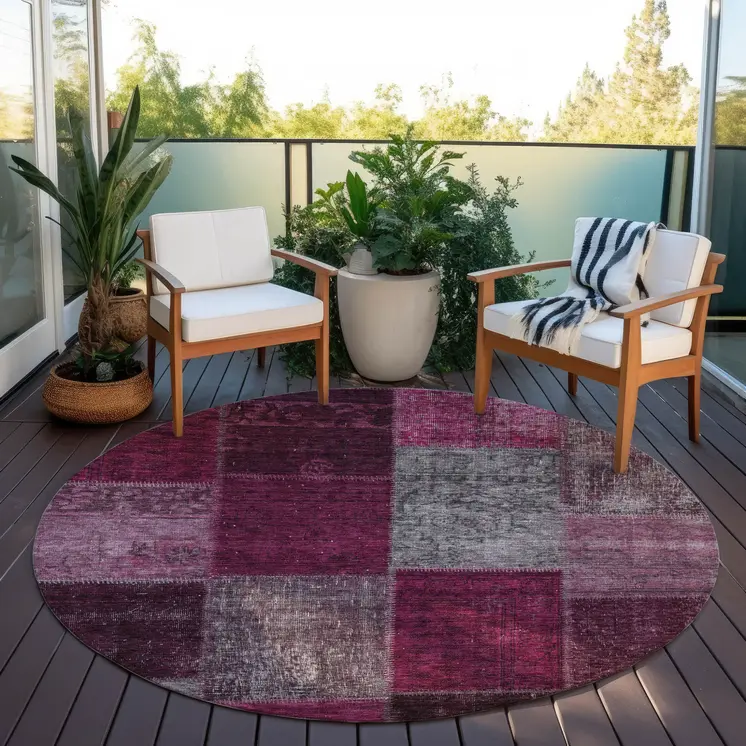 8' Merlot Burgundy And Gray Round Patchwork Washable Indoor Outdoor Area Rug