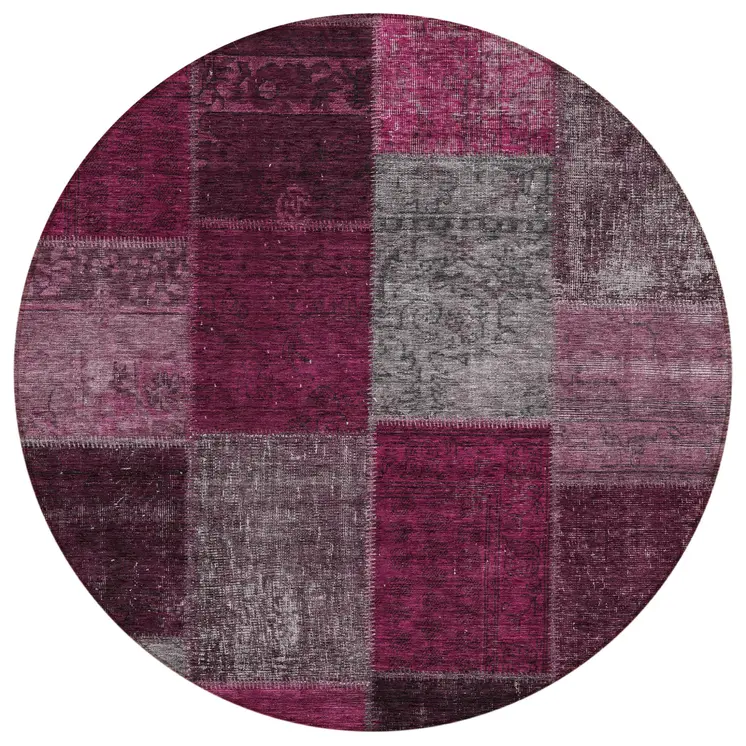 8' Merlot Burgundy And Gray Round Patchwork Washable Indoor Outdoor Area Rug