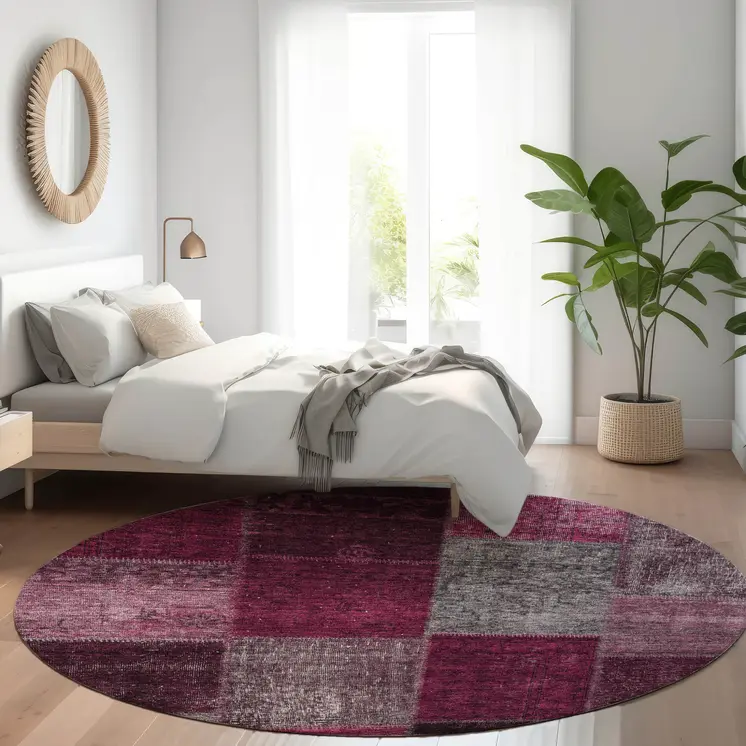 8' Merlot Burgundy And Gray Round Patchwork Washable Indoor Outdoor Area Rug