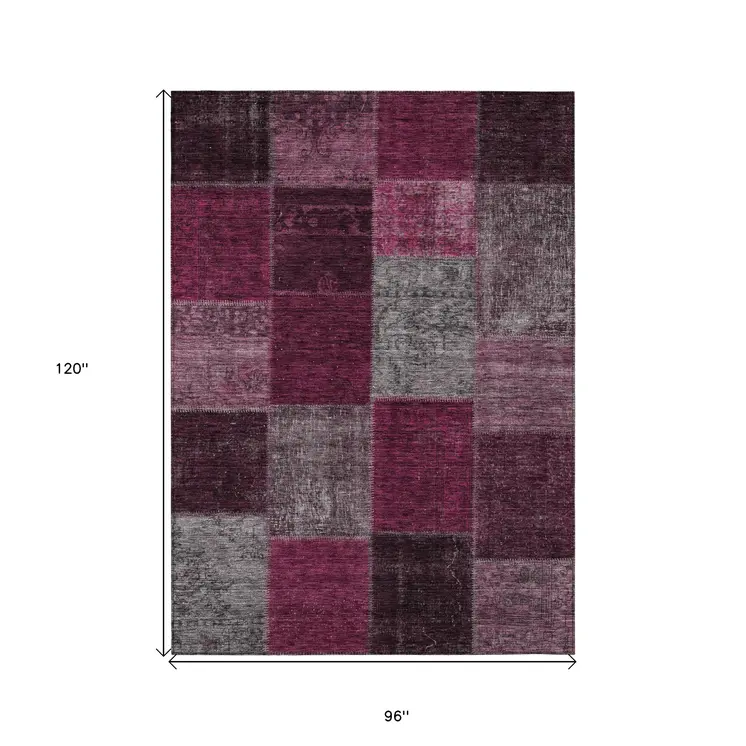 8' X 10' Merlot Burgundy And Gray Patchwork Washable Indoor Outdoor Area Rug