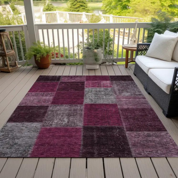 10' X 14' Merlot Burgundy And Gray Patchwork Washable Indoor Outdoor Area Rug