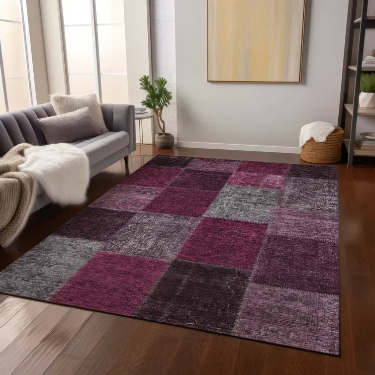 10' X 14' Merlot Burgundy And Gray Patchwork Washable Indoor Outdoor Area Rug