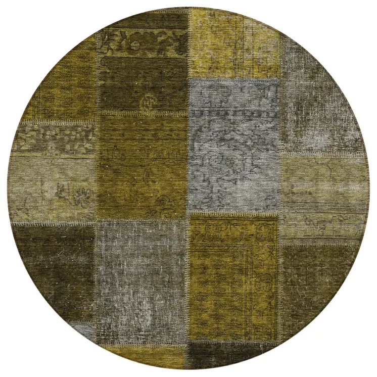 8' Brown Gold And Taupe Round Patchwork Washable Indoor Outdoor Area Rug