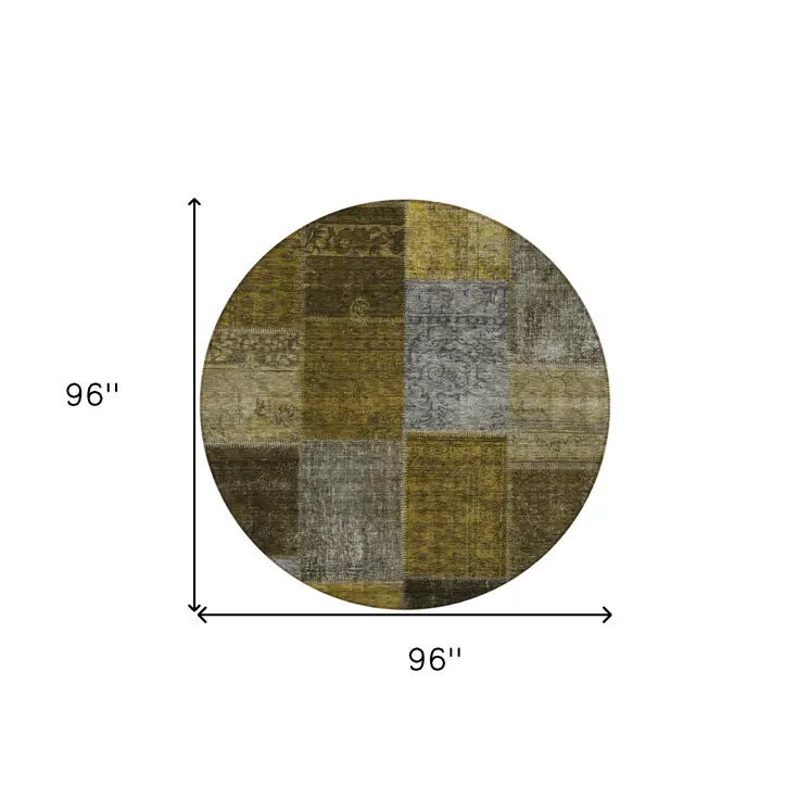 8' Brown Gold And Taupe Round Patchwork Washable Indoor Outdoor Area Rug