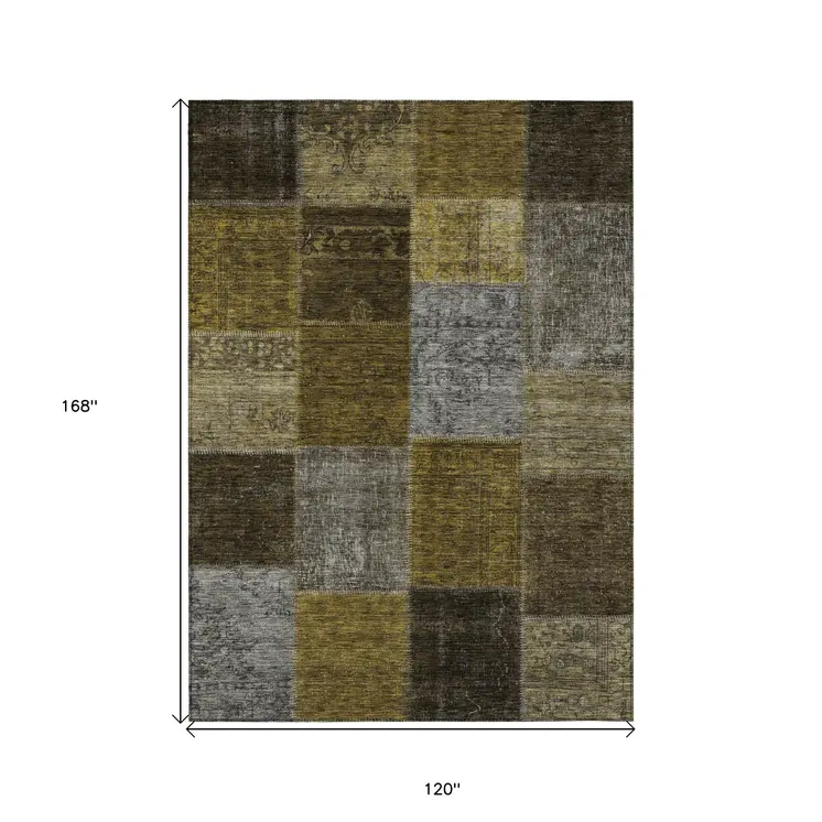 10' X 14' Brown Gold And Taupe Patchwork Washable Indoor Outdoor Area Rug