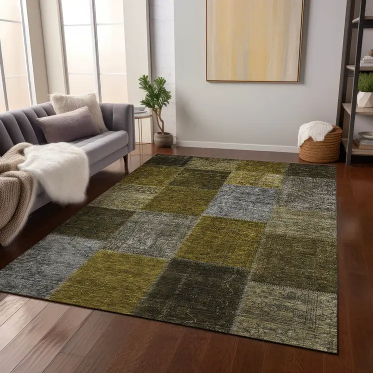 10' X 14' Brown Gold And Taupe Patchwork Washable Indoor Outdoor Area Rug