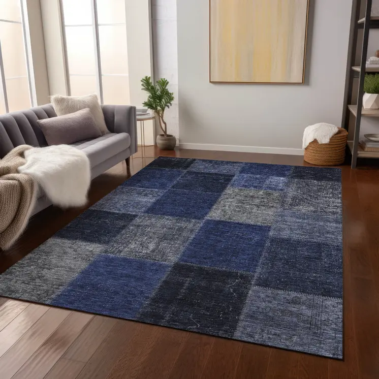 3' X 5' Navy Blue And Denim Blue Patchwork Washable Indoor Outdoor Area Rug