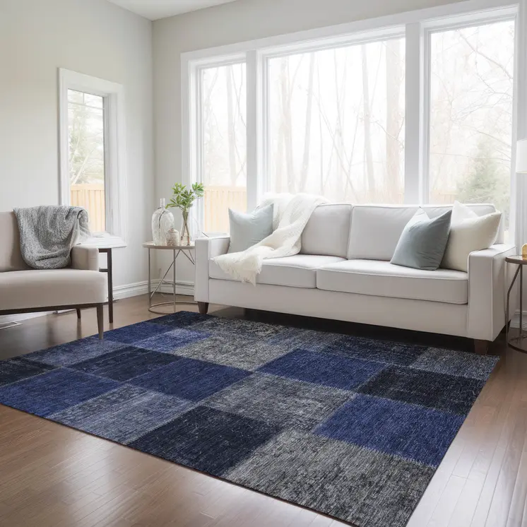 5' X 8' Navy Blue And Denim Blue Patchwork Washable Indoor Outdoor Area Rug