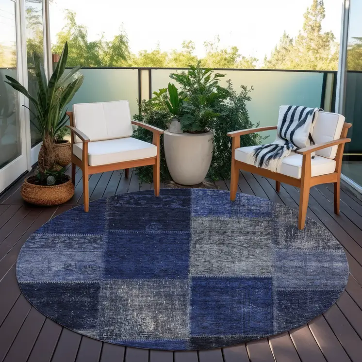 8' Navy Blue And Denim Blue Round Patchwork Washable Indoor Outdoor Area Rug