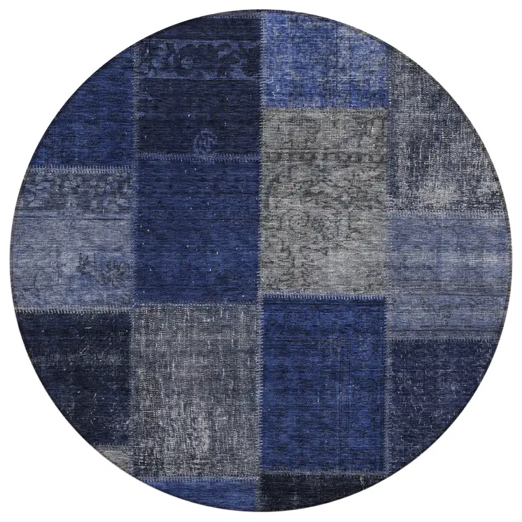8' Navy Blue And Denim Blue Round Patchwork Washable Indoor Outdoor Area Rug
