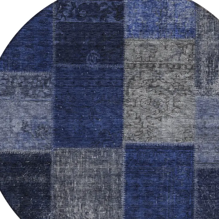 8' Navy Blue And Denim Blue Round Patchwork Washable Indoor Outdoor Area Rug