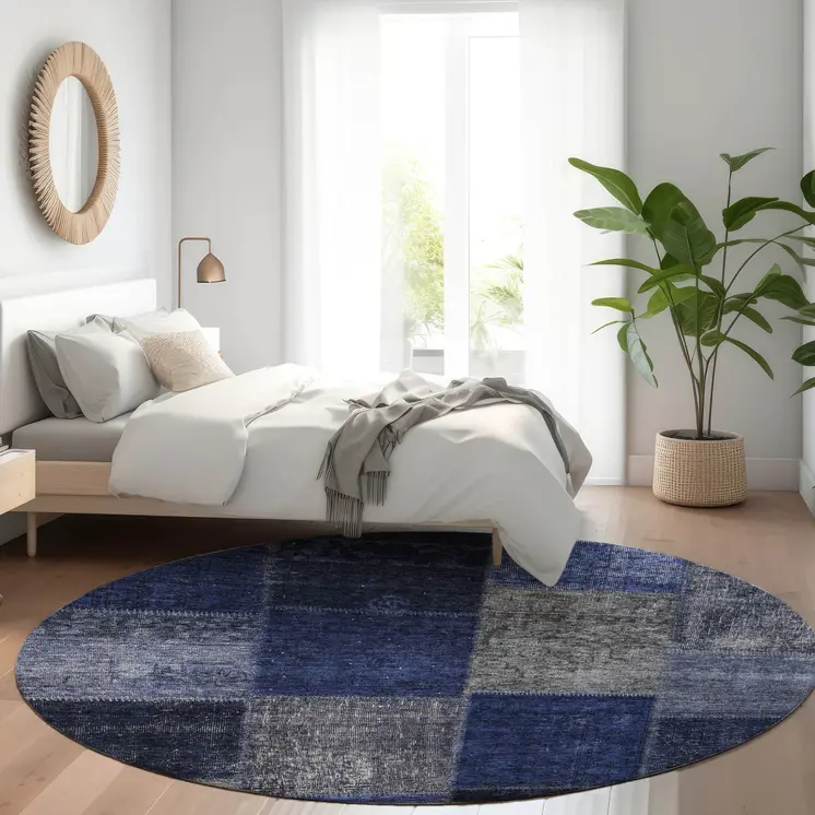 8' Navy Blue And Denim Blue Round Patchwork Washable Indoor Outdoor Area Rug