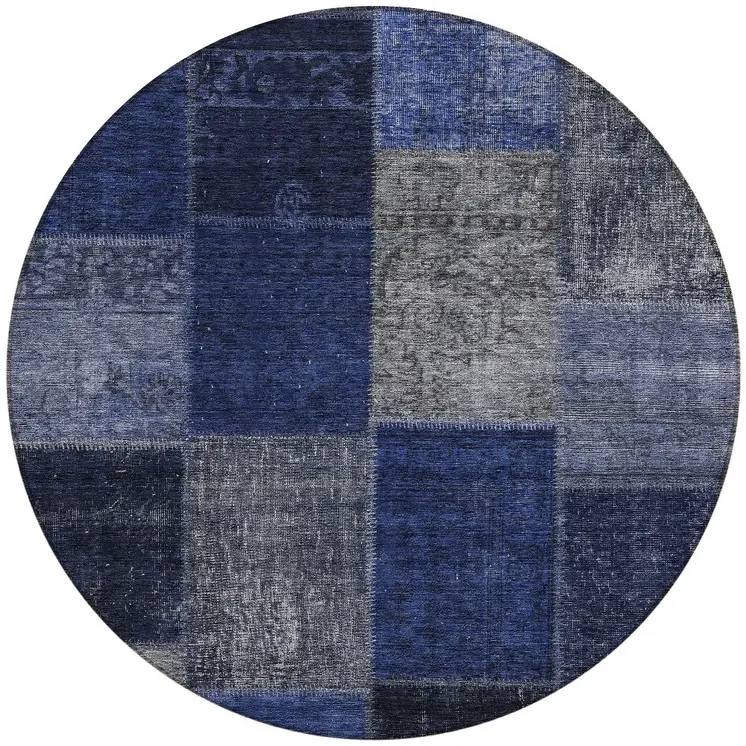 8' Navy Blue And Denim Blue Round Patchwork Washable Indoor Outdoor Area Rug