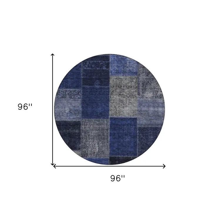 8' Navy Blue And Denim Blue Round Patchwork Washable Indoor Outdoor Area Rug