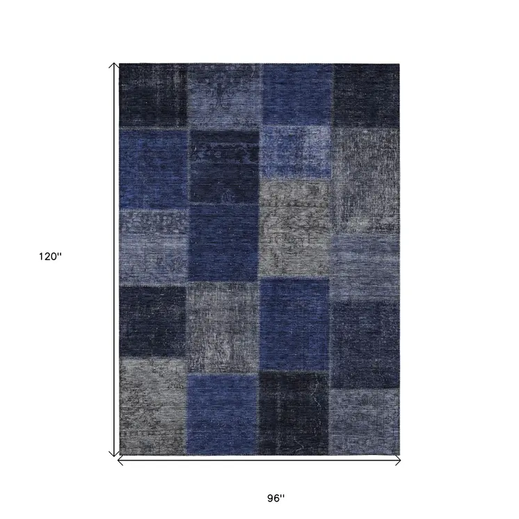 8' X 10' Navy Blue And Denim Blue Patchwork Washable Indoor Outdoor Area Rug