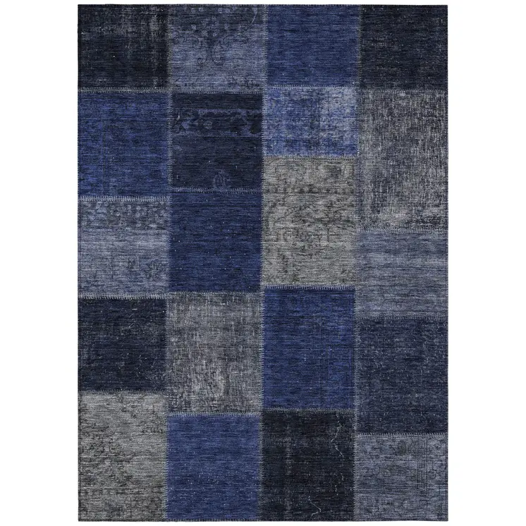 8' X 10' Navy Blue And Denim Blue Patchwork Washable Indoor Outdoor Area Rug
