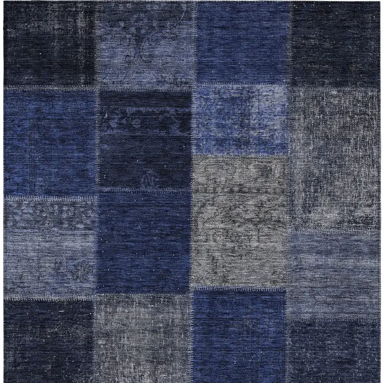 9' X 12' Navy Blue And Denim Blue Patchwork Washable Indoor Outdoor Area Rug