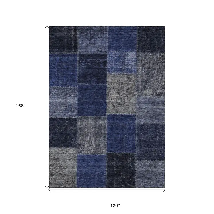 10' X 14' Navy Blue And Denim Blue Patchwork Washable Indoor Outdoor Area Rug