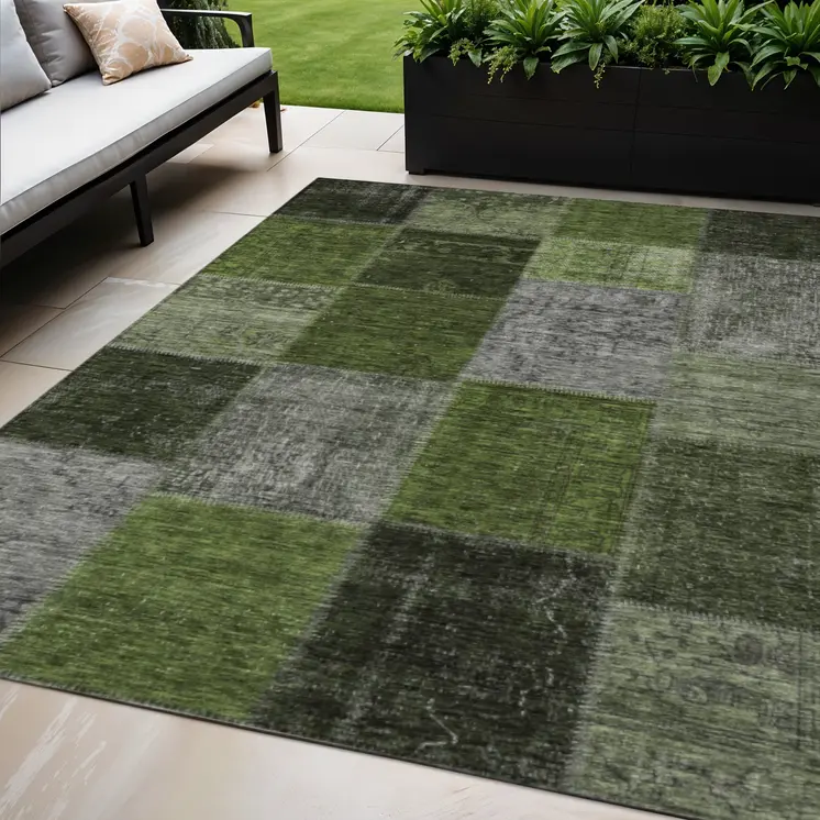 5' X 8' Olive Green And Artichoke Green Patchwork Washable Indoor Outdoor Area Rug