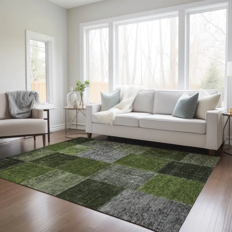 5' X 8' Olive Green And Artichoke Green Patchwork Washable Indoor Outdoor Area Rug