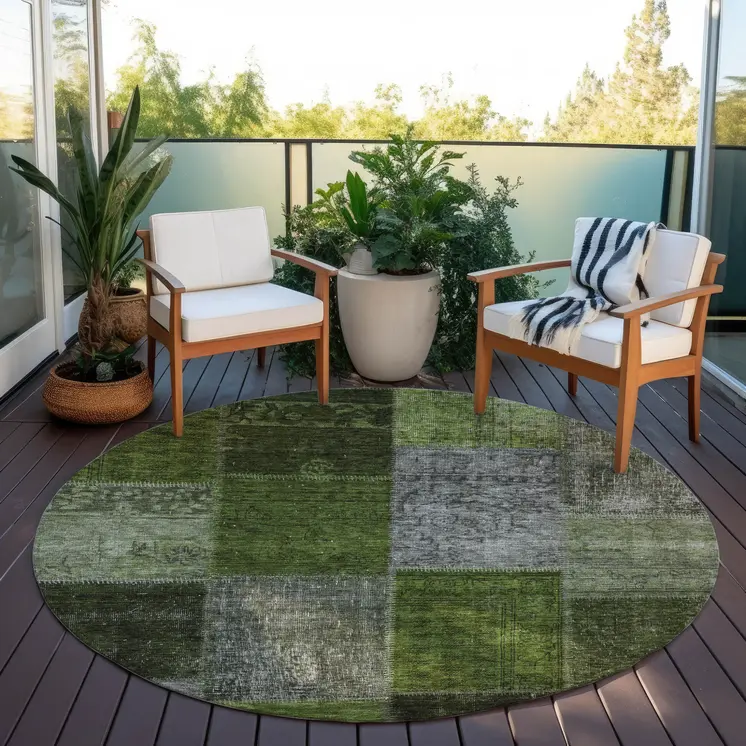8' Olive Green And Artichoke Green Round Patchwork Washable Indoor Outdoor Area Rug