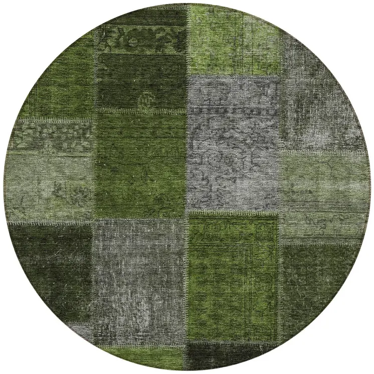 8' Olive Green And Artichoke Green Round Patchwork Washable Indoor Outdoor Area Rug