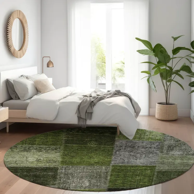 8' Olive Green And Artichoke Green Round Patchwork Washable Indoor Outdoor Area Rug