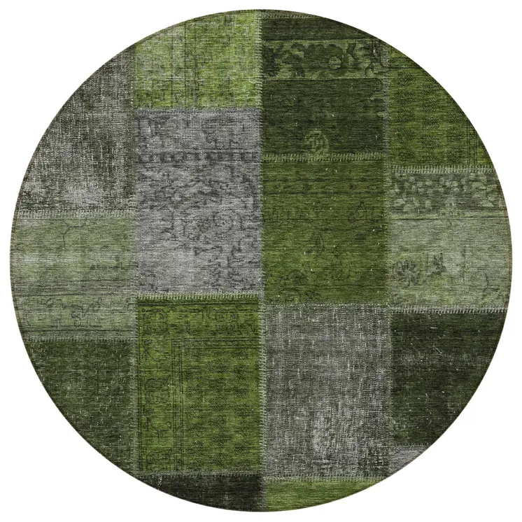 8' Olive Green And Artichoke Green Round Patchwork Washable Indoor Outdoor Area Rug