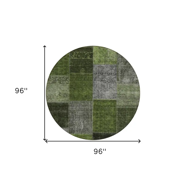 8' Olive Green And Artichoke Green Round Patchwork Washable Indoor Outdoor Area Rug