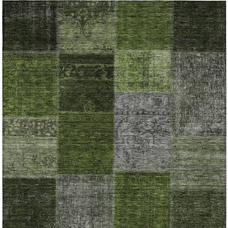 8' X 10' Olive Green And Artichoke Green Patchwork Washable Indoor Outdoor Area Rug