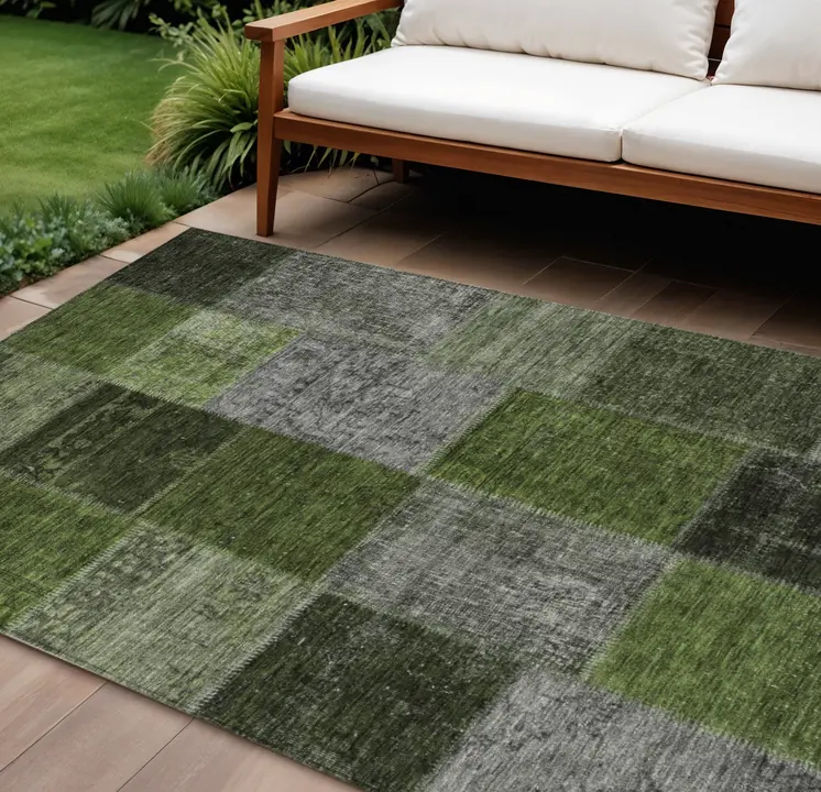 8' X 10' Olive Green And Artichoke Green Patchwork Washable Indoor Outdoor Area Rug