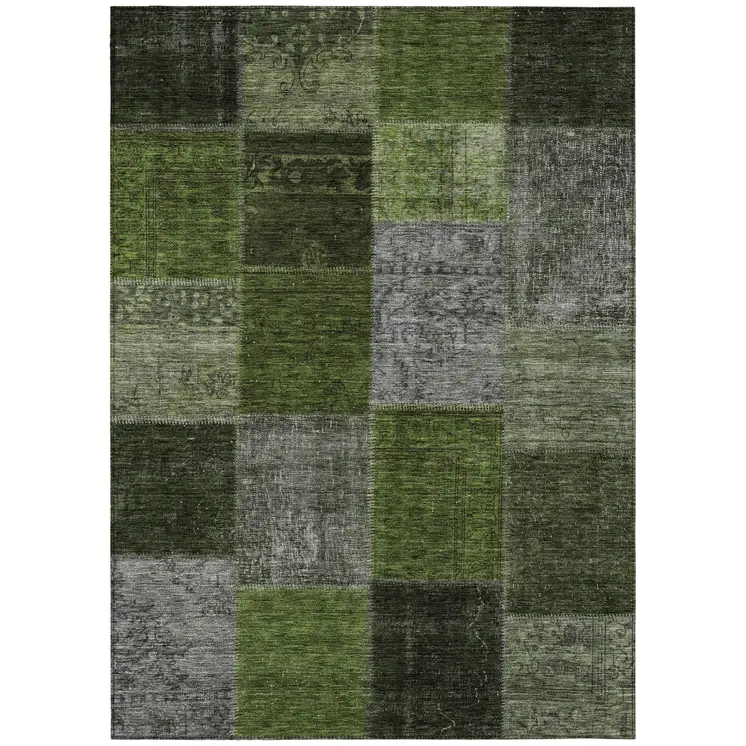 8' X 10' Olive Green And Artichoke Green Patchwork Washable Indoor Outdoor Area Rug