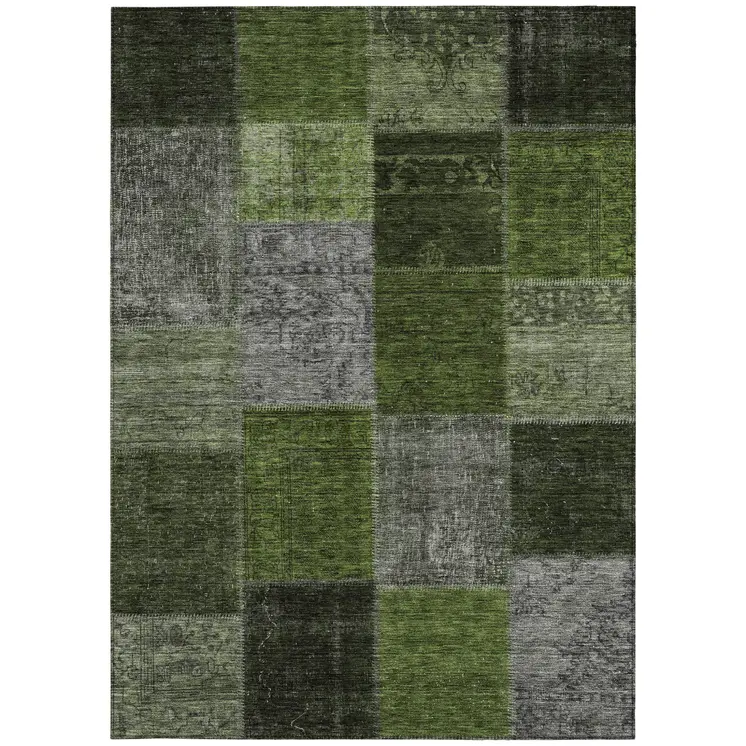 10' X 14' Olive Green And Artichoke Green Patchwork Washable Indoor Outdoor Area Rug