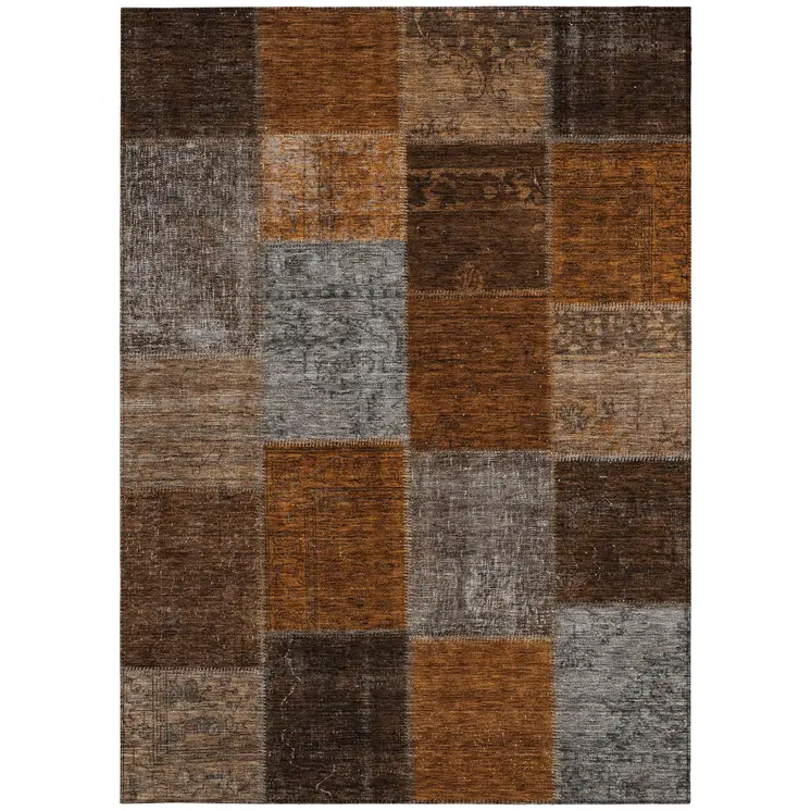 3' X 5' Orange And Taupe Patchwork Washable Indoor Outdoor Area Rug