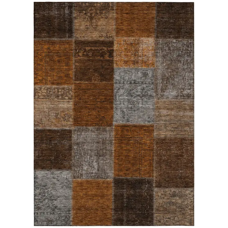 3' X 5' Orange And Taupe Patchwork Washable Indoor Outdoor Area Rug