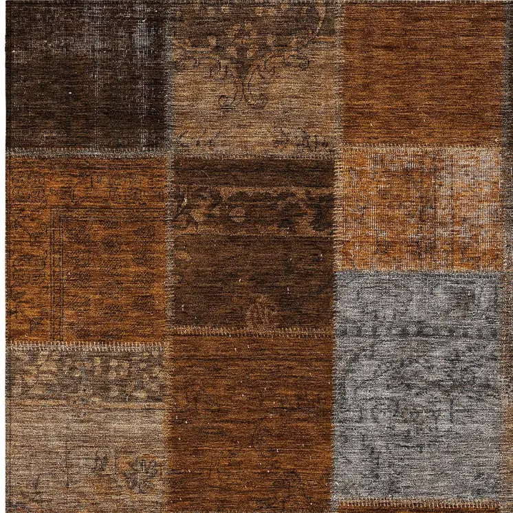 3' X 5' Orange And Taupe Patchwork Washable Indoor Outdoor Area Rug