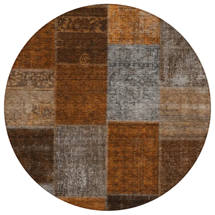 8' Orange And Taupe Round Patchwork Washable Indoor Outdoor Area Rug