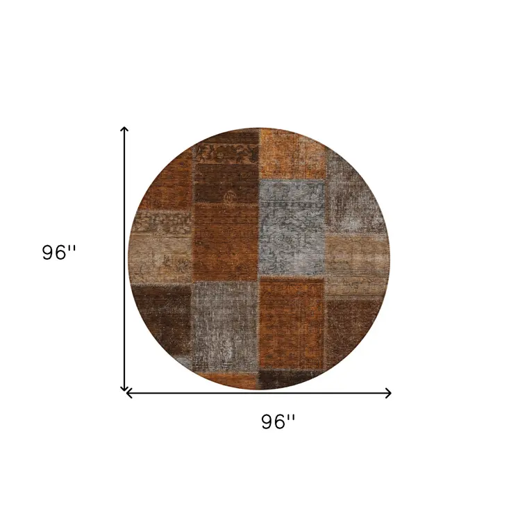 8' Orange And Taupe Round Patchwork Washable Indoor Outdoor Area Rug
