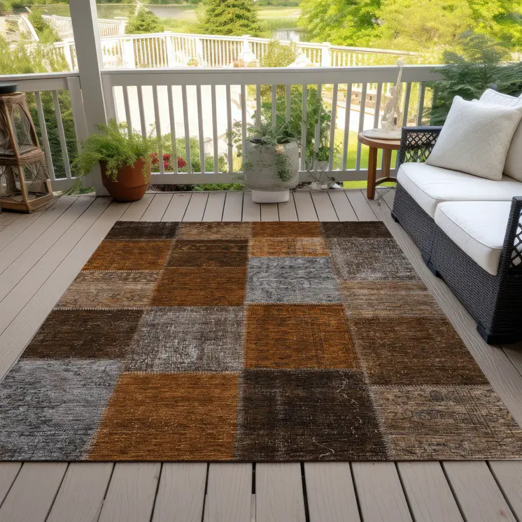9' X 12' Orange And Taupe Patchwork Washable Indoor Outdoor Area Rug