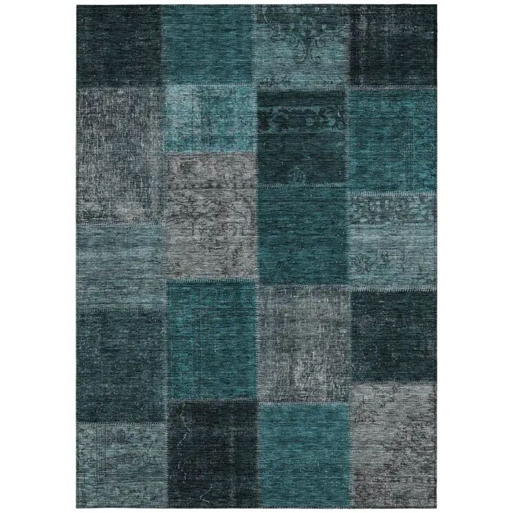 3' X 5' Teal Blue Aqua And Charcoal Patchwork Washable Indoor Outdoor Area Rug