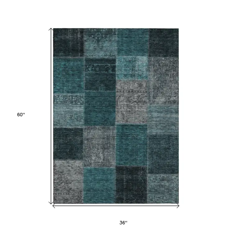 3' X 5' Teal Blue Aqua And Charcoal Patchwork Washable Indoor Outdoor Area Rug