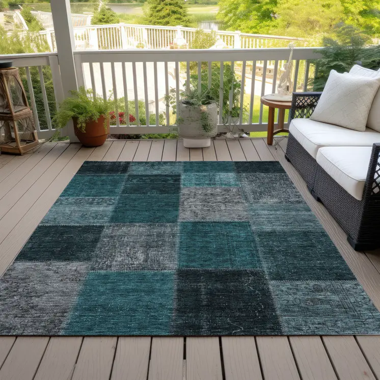 3' X 5' Teal Blue Aqua And Charcoal Patchwork Washable Indoor Outdoor Area Rug