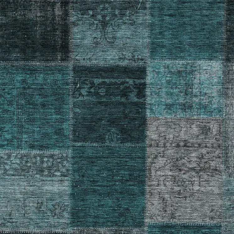 3' X 5' Teal Blue Aqua And Charcoal Patchwork Washable Indoor Outdoor Area Rug
