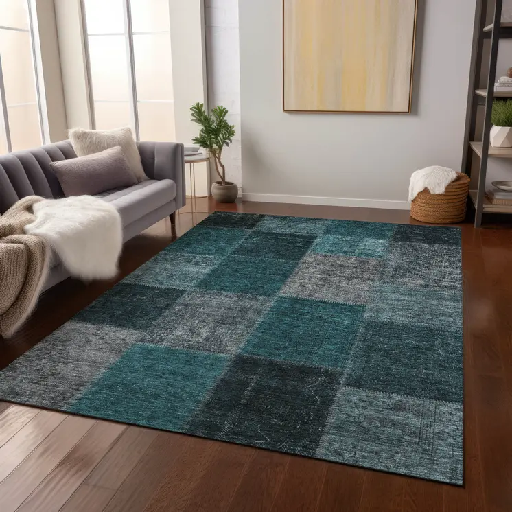 3' X 5' Teal Blue Aqua And Charcoal Patchwork Washable Indoor Outdoor Area Rug