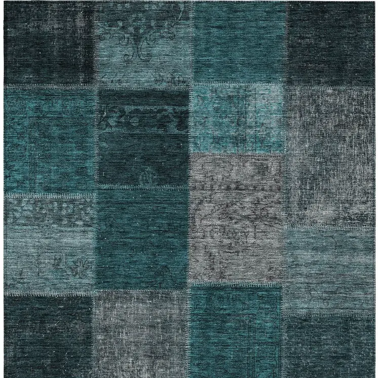 5' X 8' Teal Blue Aqua And Charcoal Patchwork Washable Indoor Outdoor Area Rug