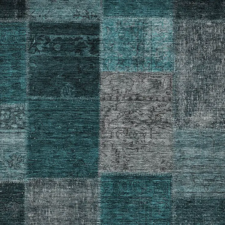 5' X 8' Teal Blue Aqua And Charcoal Patchwork Washable Indoor Outdoor Area Rug