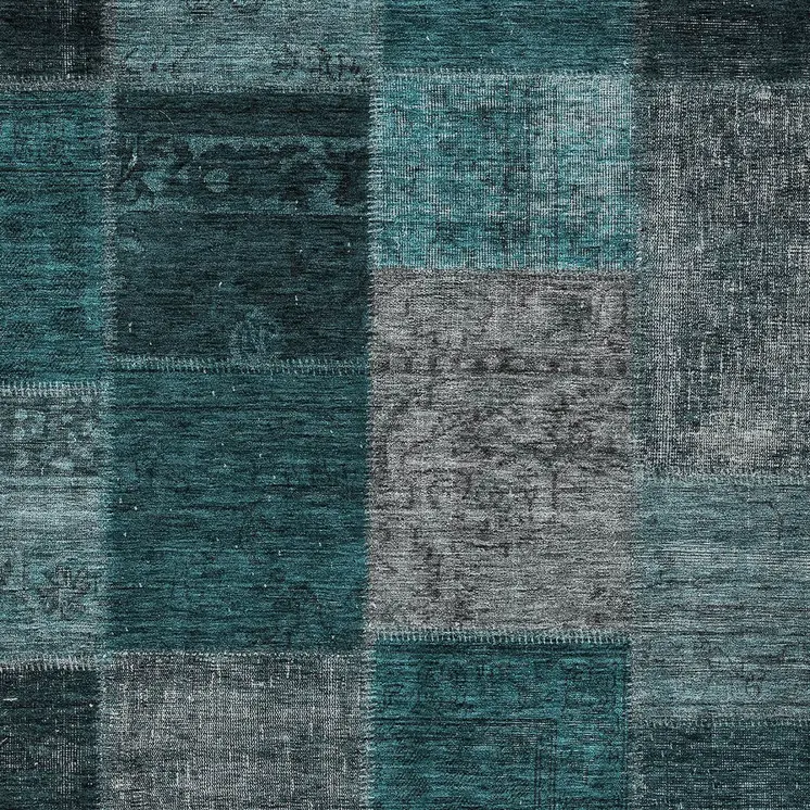 8' X 10' Teal Blue Aqua And Charcoal Patchwork Washable Indoor Outdoor Area Rug