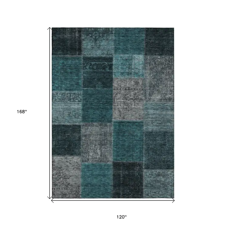 10' X 14' Teal Blue Aqua And Charcoal Patchwork Washable Indoor Outdoor Area Rug