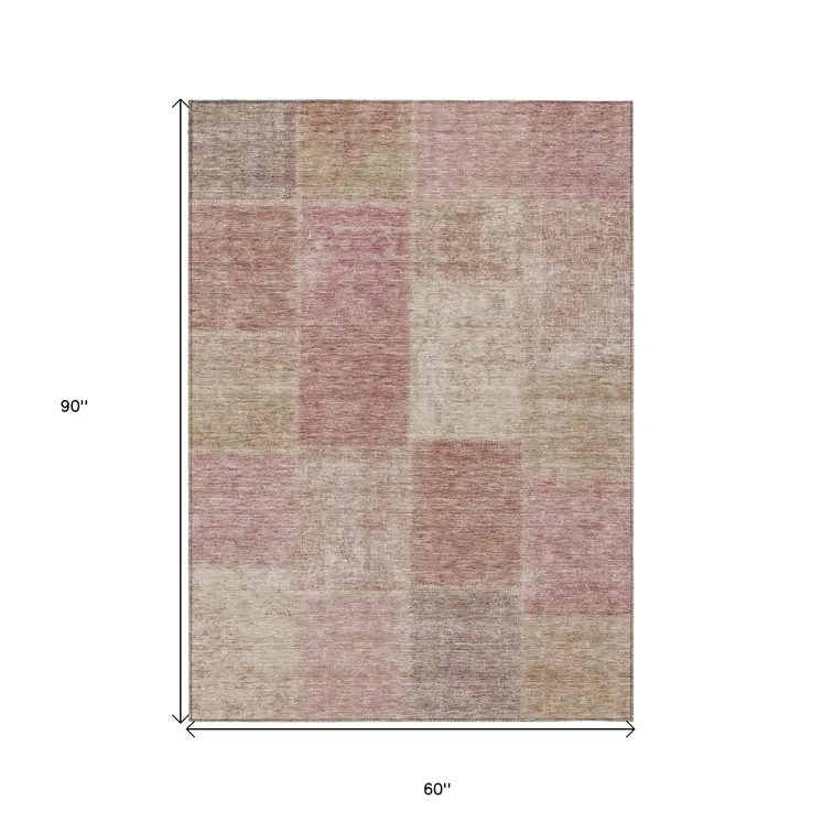 5' X 8' Blush Pink And Mauve Patchwork Washable Indoor Outdoor Area Rug