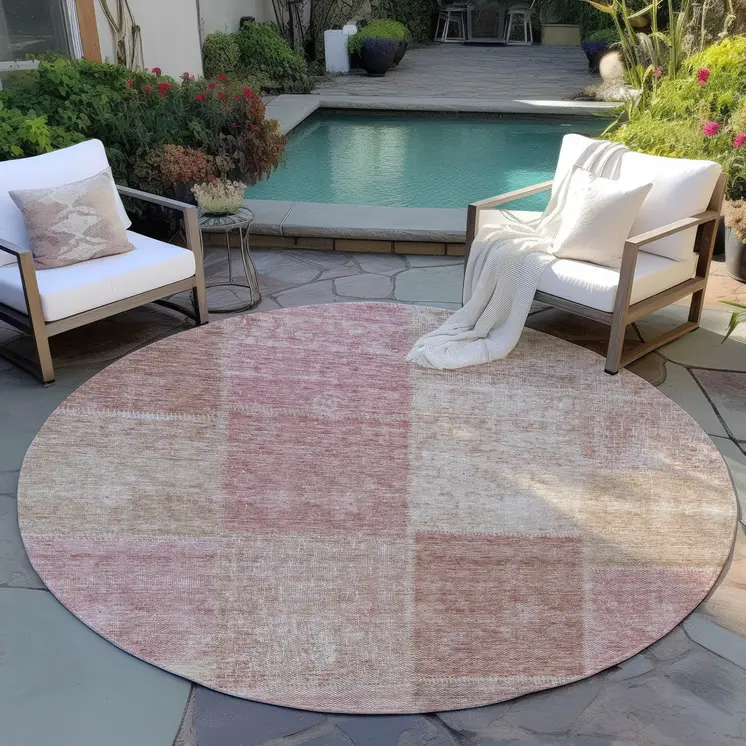 8' Blush Pink And Mauve Round Patchwork Washable Indoor Outdoor Area Rug